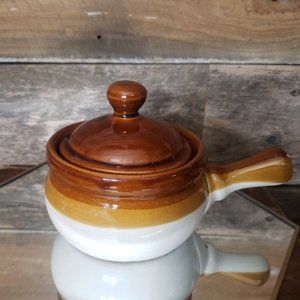 Small Covered Stoneware Soup/Bean Pot with handle.